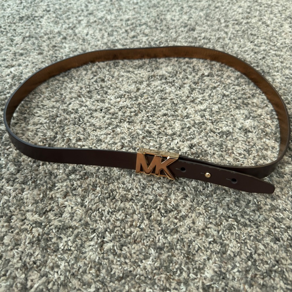 Michael Kors Womens Brown Leather Skinny Belt Gold MK Logo Buckle Medium